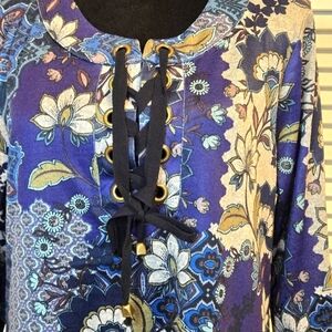 One World Women's Blouse  Blue Floral Print 3/4 Sleeve Sz Small